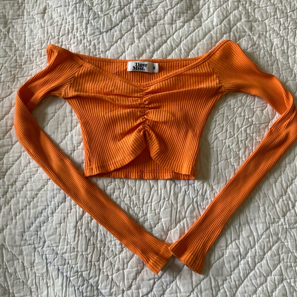 Tiger Mist Orange Ribbed Long Sleeve Crop Top